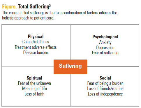 The concept that suffering is due to a combination of factors informs the holistic approach to patient care.